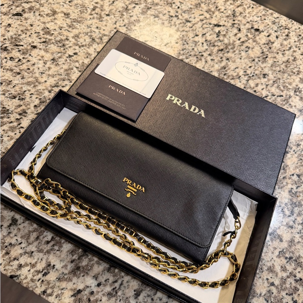 Prada Black Leather Wallet with Gold Chain - Picture 2 of 3